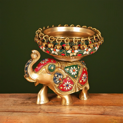 Brassaura® Brass Elephant Urli with Stone Work | Height 7.5 Inches