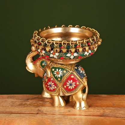 Brassaura® Brass Elephant Urli with Stone Work | Height 7.5 Inches