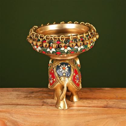 Brassaura® Brass Elephant Urli with Stone Work | Height 7.5 Inches