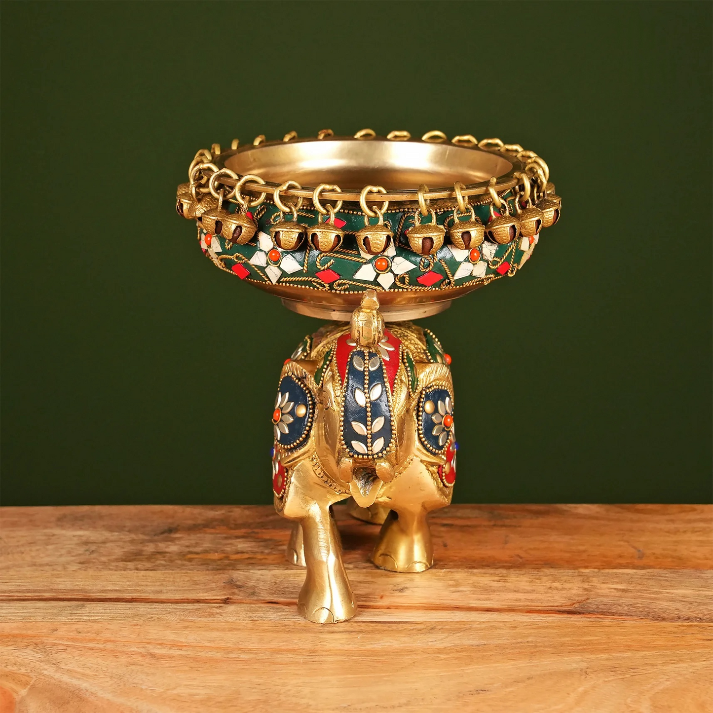 Brassaura® Brass Elephant Urli with Stone Work | Height 7.5 Inches