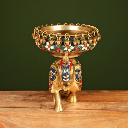 Brassaura® Brass Elephant Urli with Stone Work | Height 7.5 Inches