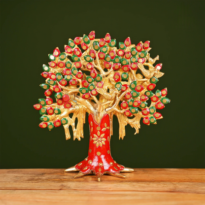 Brassaura® Brass Kalpavriksha Tree with Stonework for Home Decor | Height 9 Inches