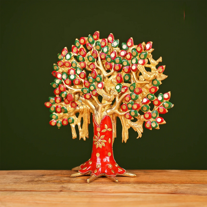 Brassaura® Brass Kalpavriksha Tree with Stonework for Home Decor | Height 9 Inches