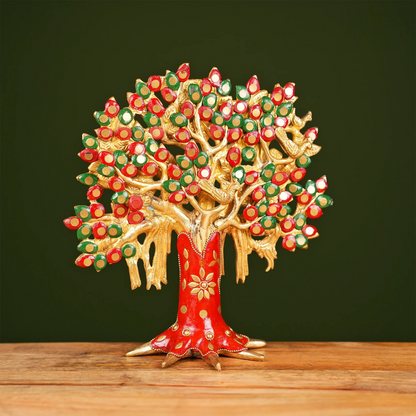 Brassaura® Brass Kalpavriksha Tree with Stonework for Home Decor | Height 9 Inches