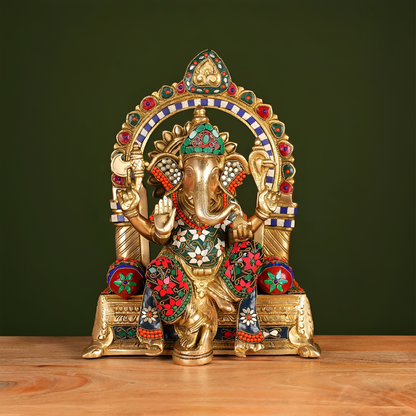 Brassaura® Brass Ganesha Idol with Stone Work | Height 17 Inches