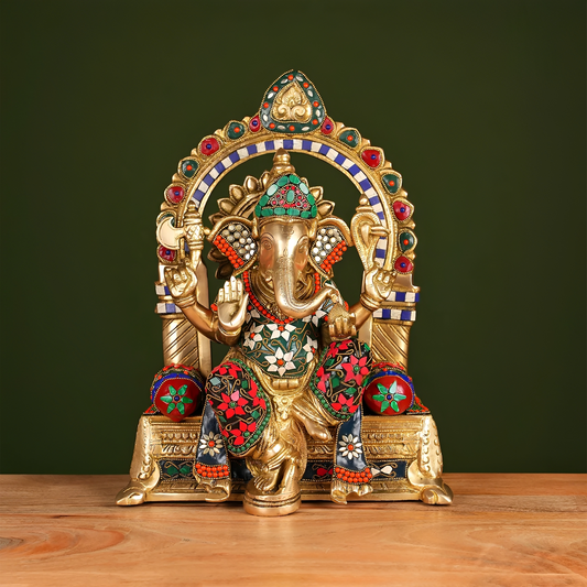Brassaura® Brass Ganesha Idol with Stone Work | Height 17 Inches