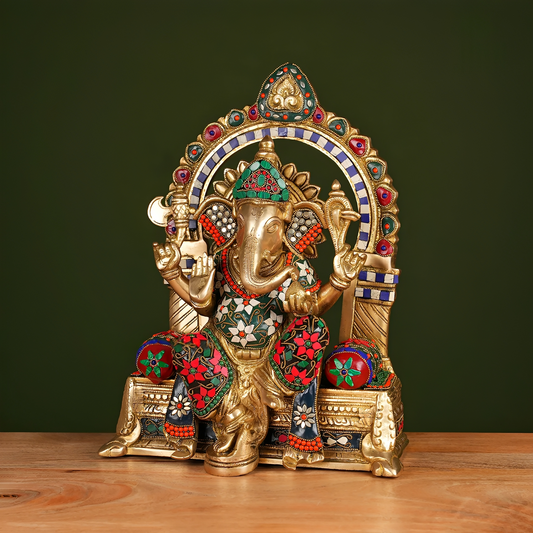 Brassaura® Brass Ganesha Idol with Stone Work | Height 17 Inches