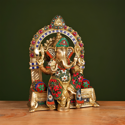 Brassaura® Brass Ganesha Idol with Stone Work | Height 17 Inches