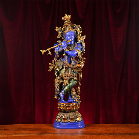 Brassaura® Brass Krishna Flute Playing Murti for Home Temple | Height 29 Inches