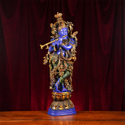 Brassaura® Brass Krishna Flute Playing Murti for Home Temple | Height 29 Inches