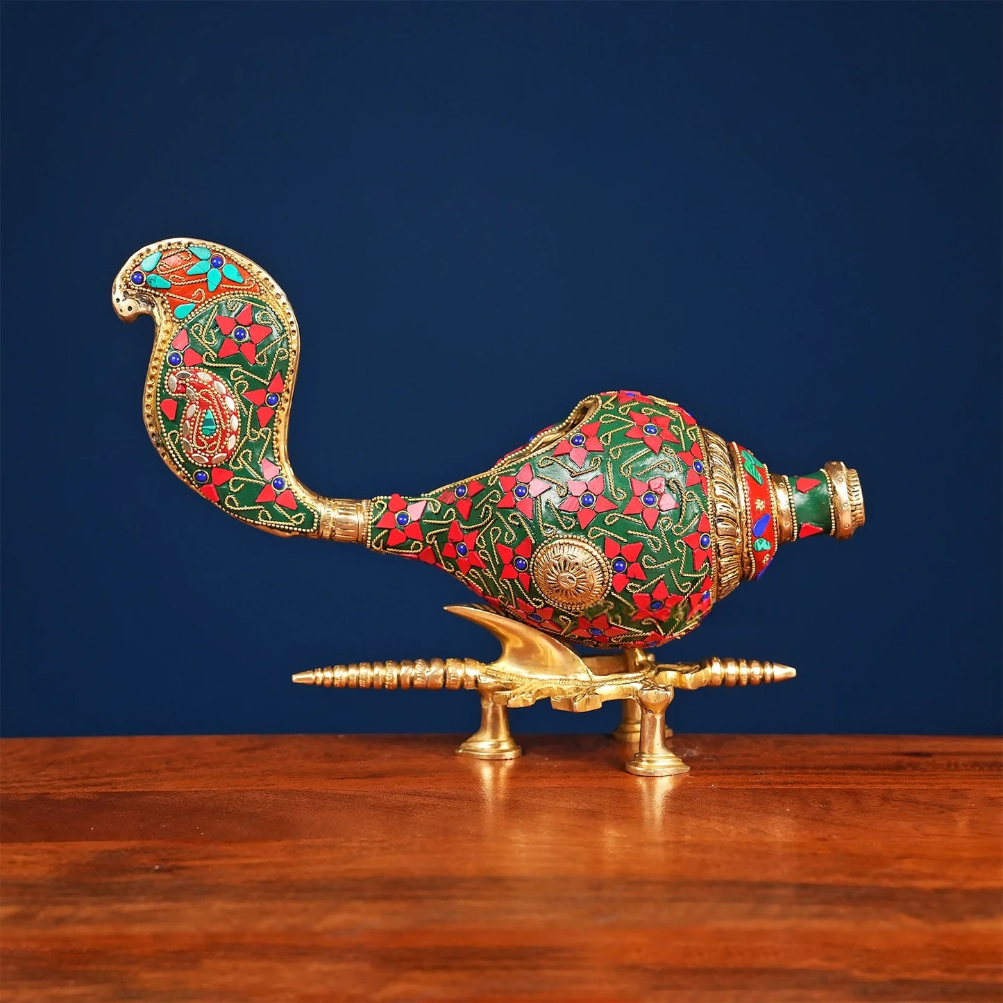 Brassaura® Brass Shankh Statue | Height 9 Inches | Decorative Conch Shell without Stand & Stonework
