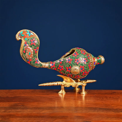 Brassaura® Brass Shankh Statue | Height 9 Inches | Decorative Conch Shell without Stand & Stonework