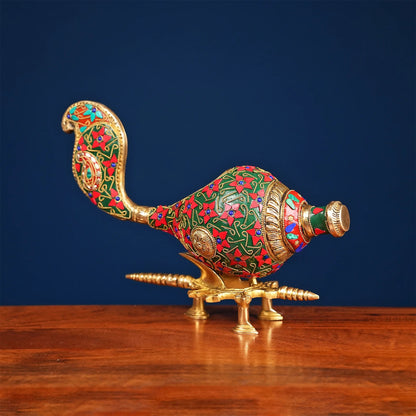 Brassaura® Brass Shankh Statue | Height 9 Inches | Decorative Conch Shell without Stand & Stonework