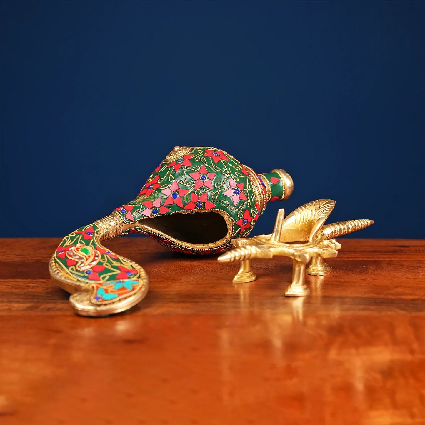 Brassaura® Brass Shankh Statue | Height 9 Inches | Decorative Conch Shell without Stand & Stonework