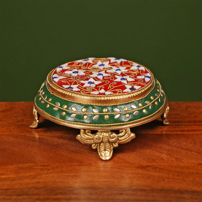 Brassaura® Brass Puja Chowki | Height 3 Inches | Handcrafted Meenakari