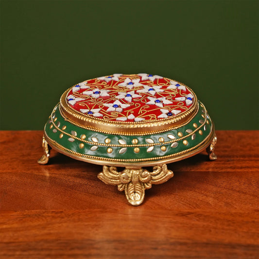 Brassaura® Brass Puja Chowki | Height 3 Inches | Handcrafted Meenakari