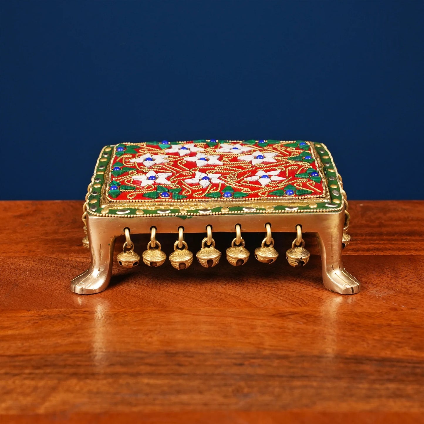 Brassaura® Brass Puja Chowki | Height 2 Inches | Stonework Mandir Platform with Ghungroo Bells