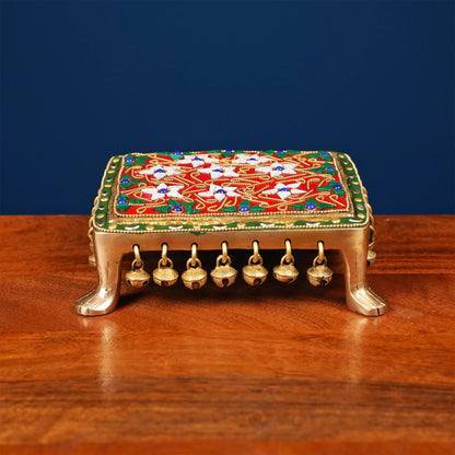 Brassaura® Brass Puja Chowki | Height 2 Inches | Stonework Mandir Platform with Ghungroo Bells