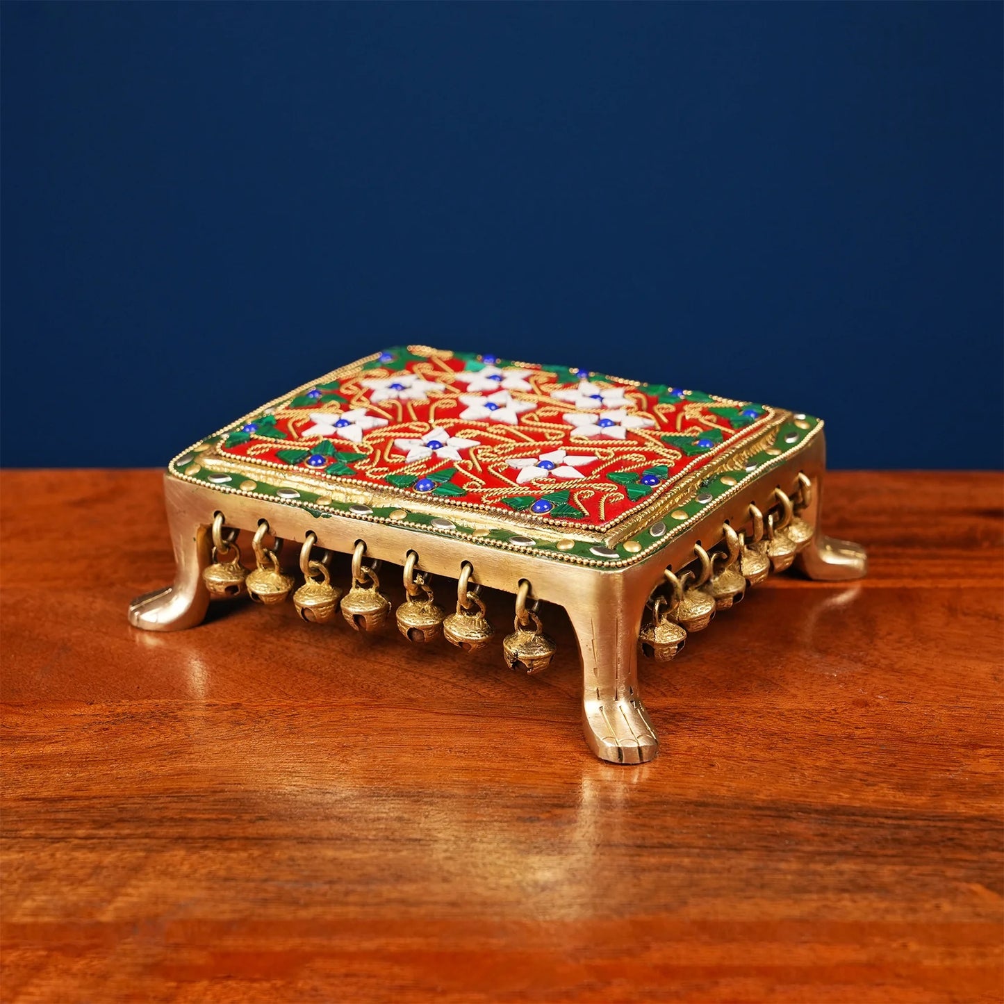 Brassaura® Brass Puja Chowki | Height 2 Inches | Stonework Mandir Platform with Ghungroo Bells