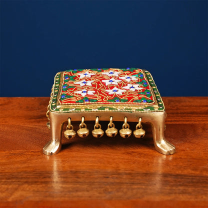 Brassaura® Brass Puja Chowki | Height 2 Inches | Stonework Mandir Platform with Ghungroo Bells
