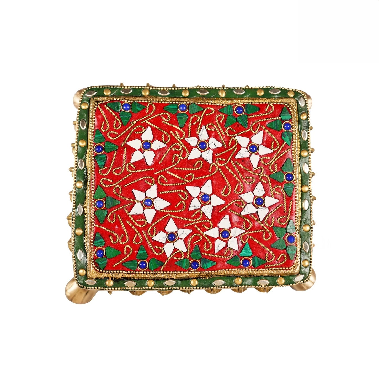Brassaura® Brass Puja Chowki | Height 2 Inches | Stonework Mandir Platform with Ghungroo Bells