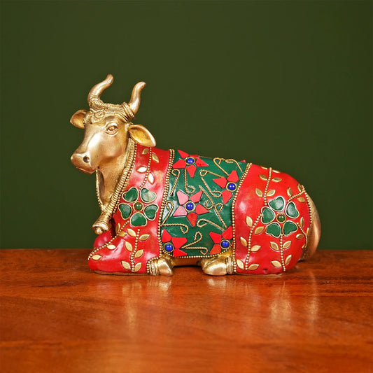 Brassaura® Brass Nandi Idol with Stone Work | Height 6 Inches