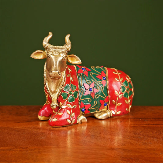 Brassaura® Brass Nandi Idol with Stone Work | Height 6 Inches
