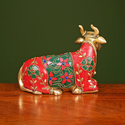 Brassaura® Brass Nandi Idol with Stone Work | Height 6 Inches