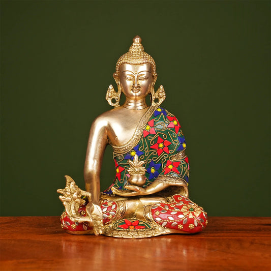 Brassaura® Brass Buddha Idol with Stonework | Height 9 Inches