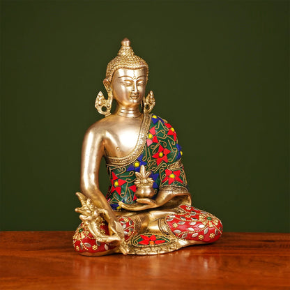 Brassaura® Brass Buddha Idol with Stonework | Height 9 Inches