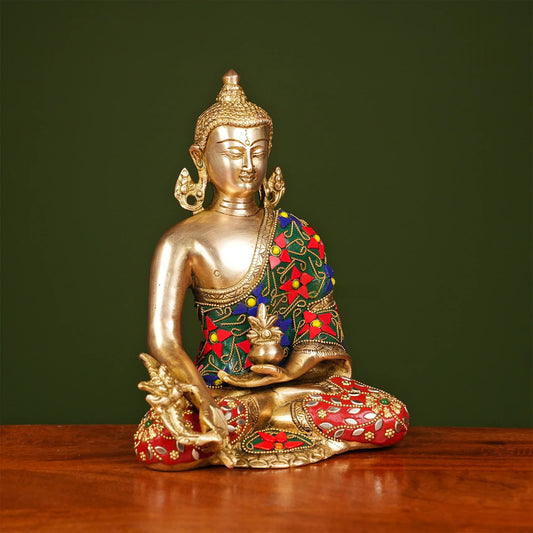Brassaura® Brass Buddha Idol with Stonework | Height 9 Inches