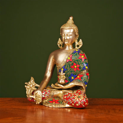 Brassaura® Brass Buddha Idol with Stonework | Height 9 Inches