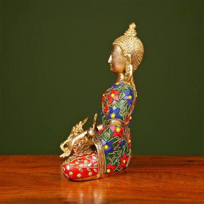 Brassaura® Brass Buddha Idol with Stonework | Height 9 Inches