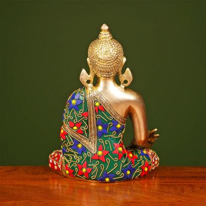 Brassaura® Brass Buddha Idol with Stonework | Height 9 Inches