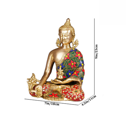 Brassaura® Brass Buddha Idol with Stonework | Height 9 Inches