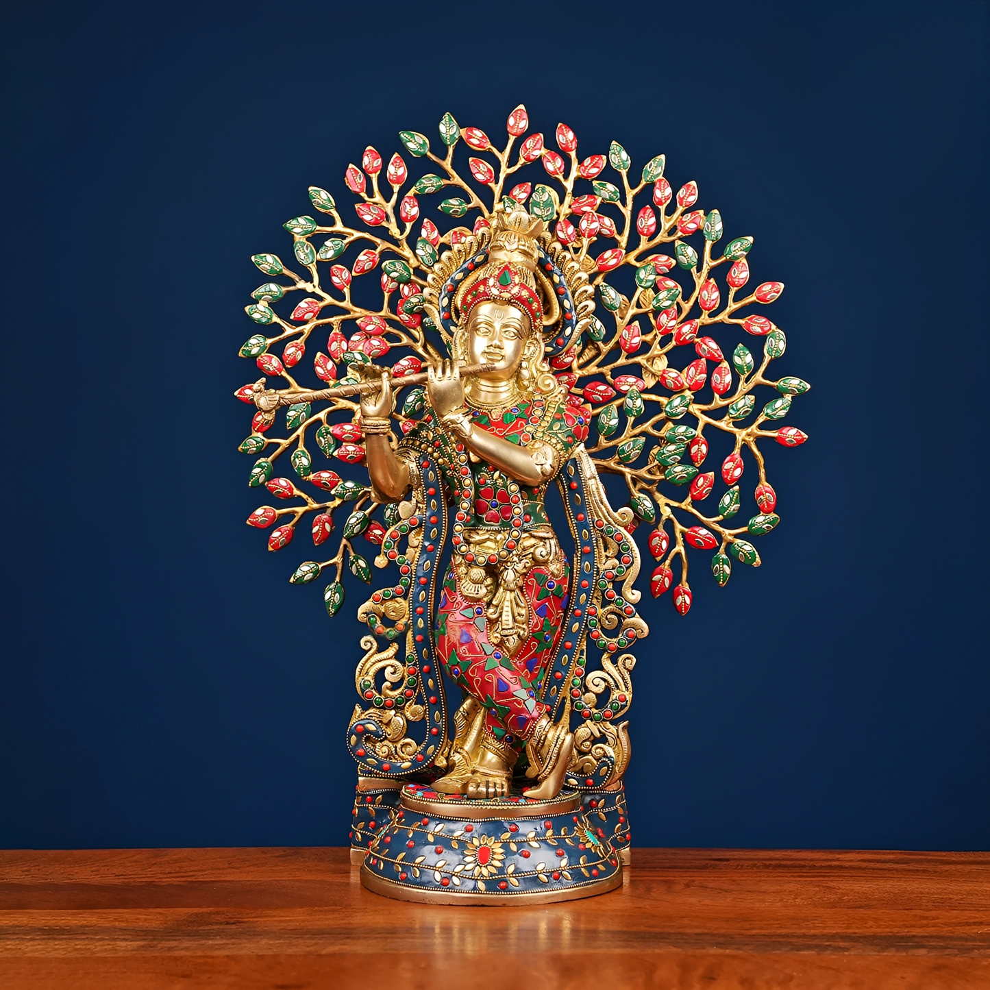 Brassaura® Brass Krishna with Tree of Life & Stonework | Height 21.5 Inches