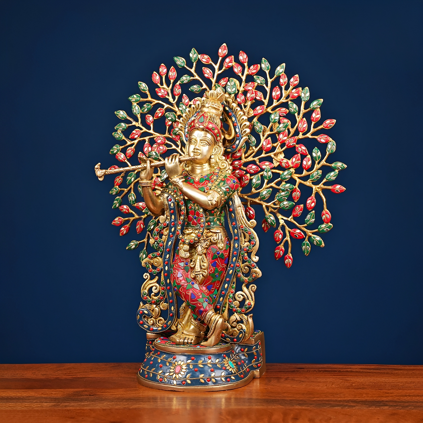 Brassaura® Brass Krishna with Tree of Life & Stonework | Height 21.5 Inches