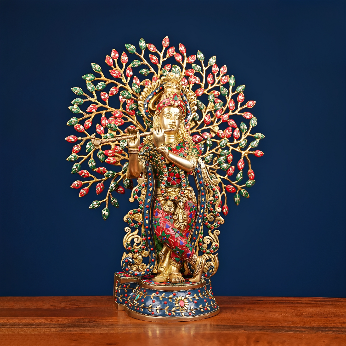 Brassaura® Brass Krishna with Tree of Life & Stonework | Height 21.5 Inches