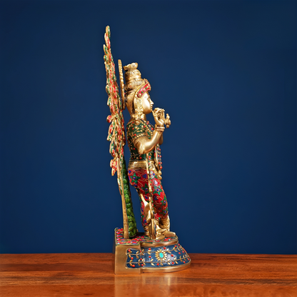 Brassaura® Brass Krishna with Tree of Life & Stonework | Height 21.5 Inches