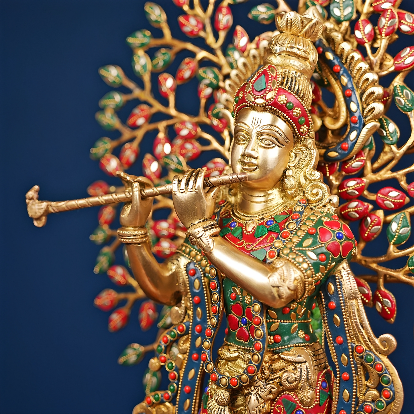 Brassaura® Brass Krishna with Tree of Life & Stonework | Height 21.5 Inches