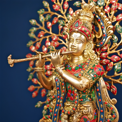 Brassaura® Brass Krishna with Tree of Life & Stonework | Height 21.5 Inches