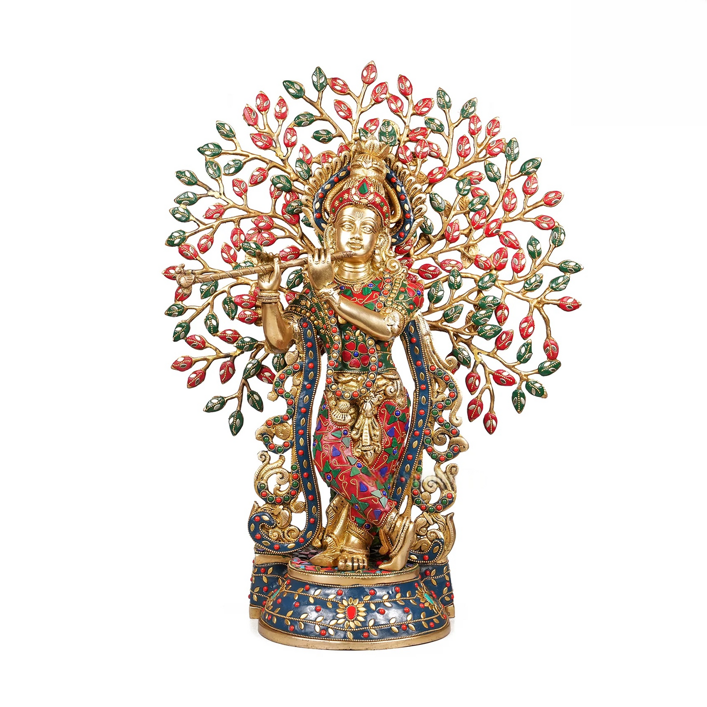 Brassaura® Brass Krishna with Tree of Life & Stonework | Height 21.5 Inches