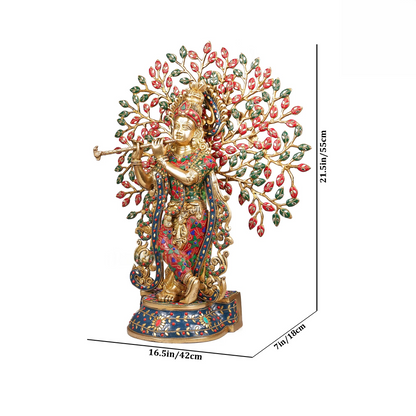 Brassaura® Brass Krishna with Tree of Life & Stonework | Height 21.5 Inches