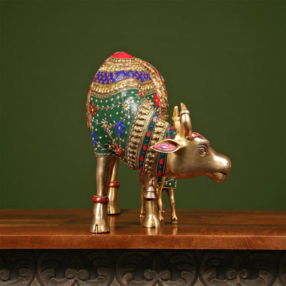 Brassaura® Brass Cow with Calf Statue | Height 15 Inches