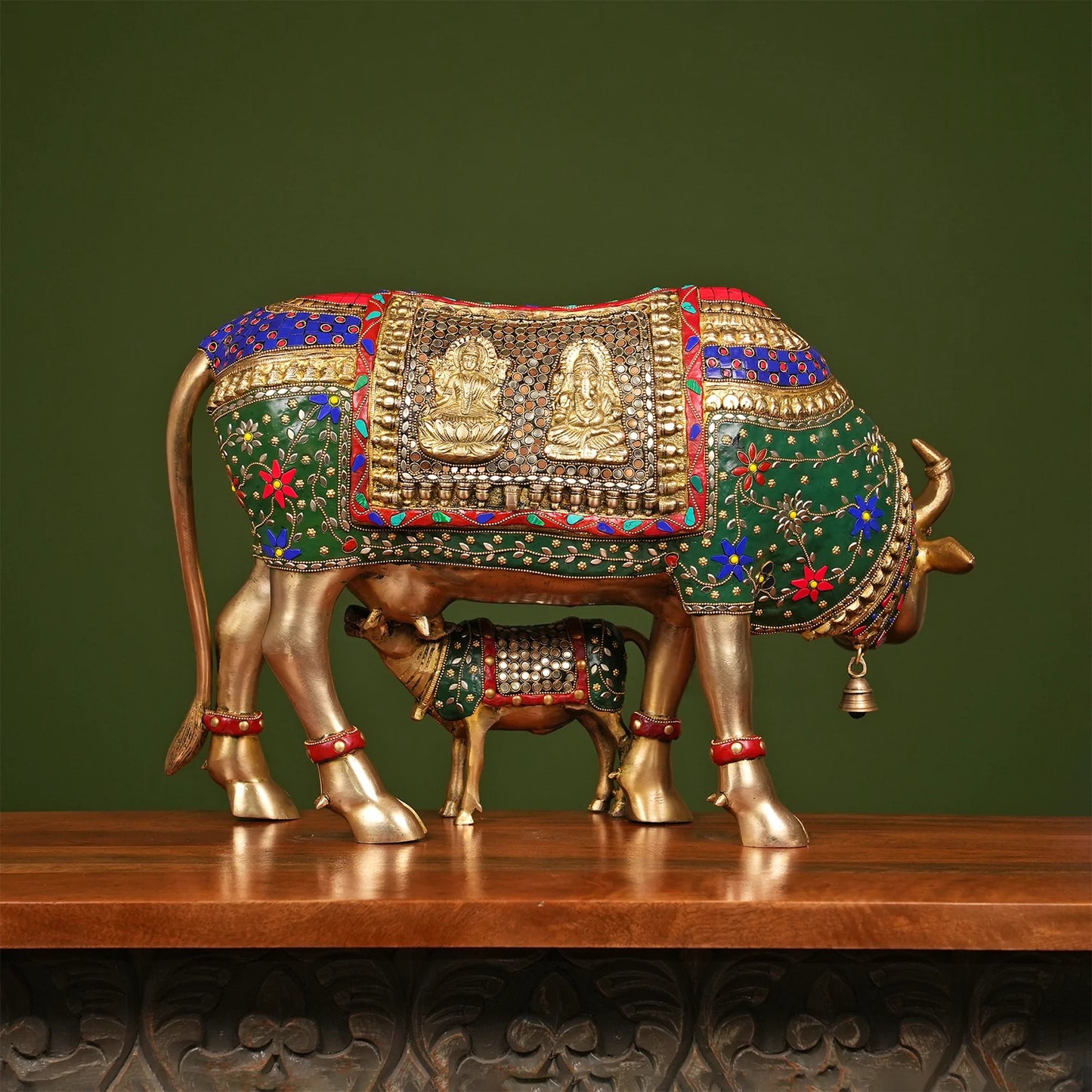 Brassaura® Brass Cow with Calf Statue | Height 15 Inches