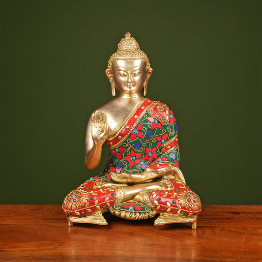 Brassaura® Brass Buddha Idol with Stonework | Height 11 Inches