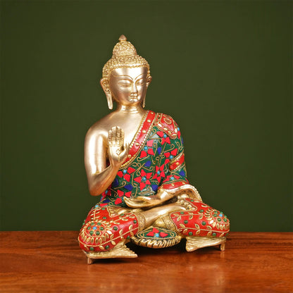 Brassaura® Brass Buddha Idol with Stonework | Height 11 Inches