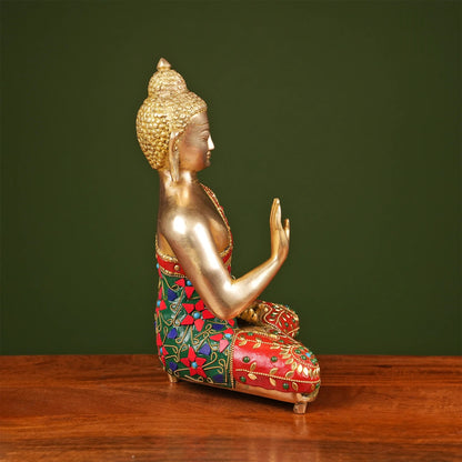 Brassaura® Brass Buddha Idol with Stonework | Height 11 Inches