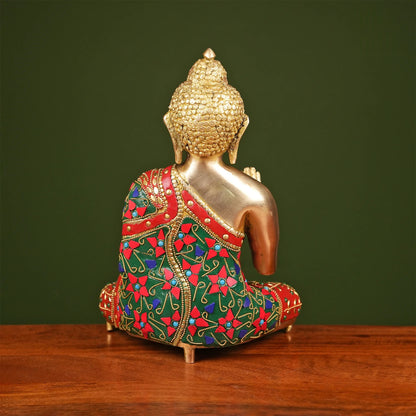 Brassaura® Brass Buddha Idol with Stonework | Height 11 Inches