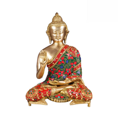 Brassaura® Brass Buddha Idol with Stonework | Height 11 Inches